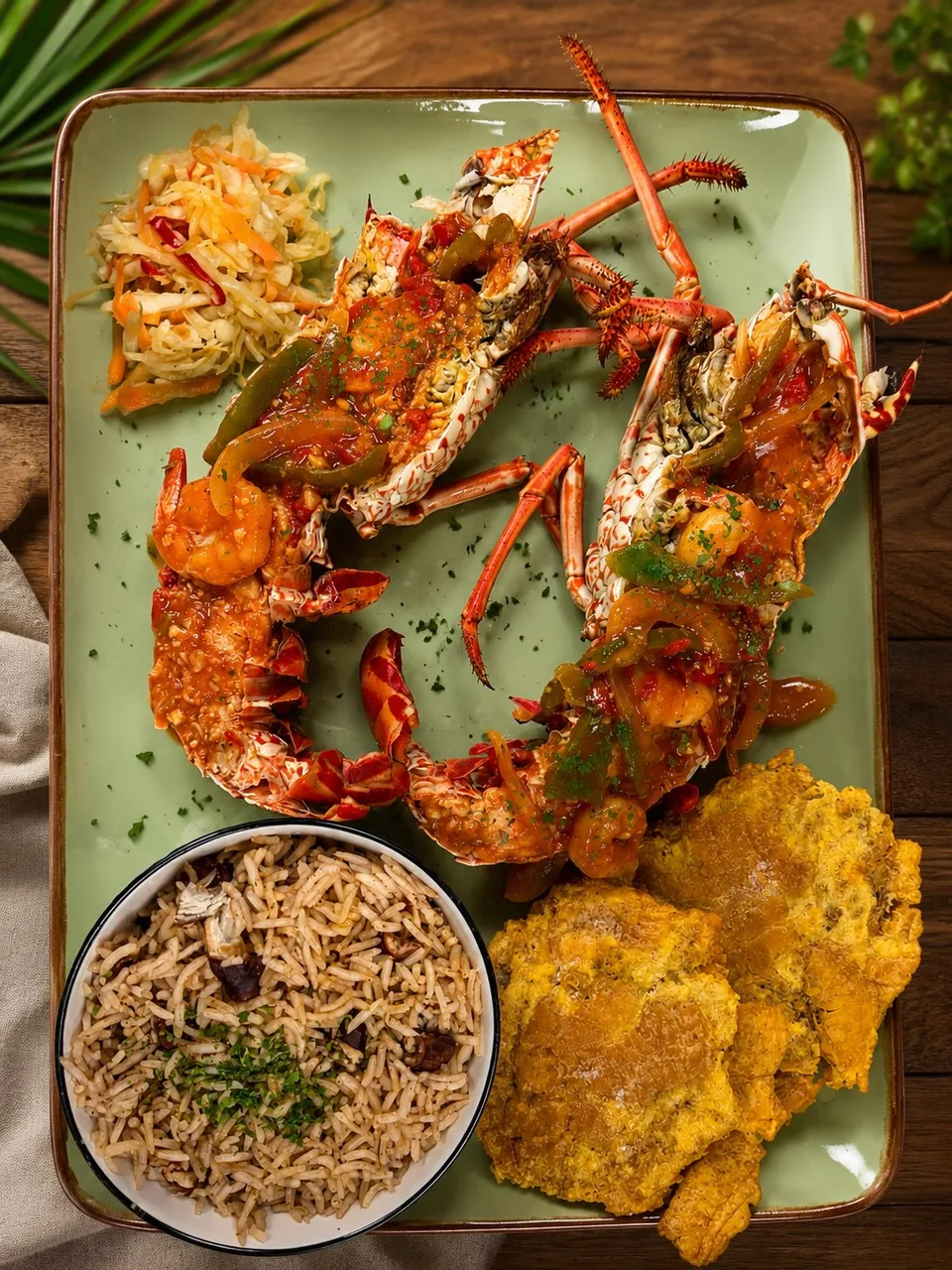 Langosta, arroz y patacones de la cocina de T’chaka